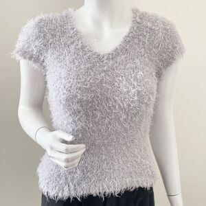Vtg 90s Y2K Wet Seal Brand Evolution Fuzzy Gray Short Sleeve Chenille Sweater